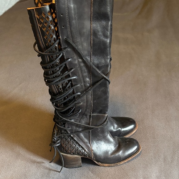 Freebird Black Leather Carver Lace-Up Knee Boots